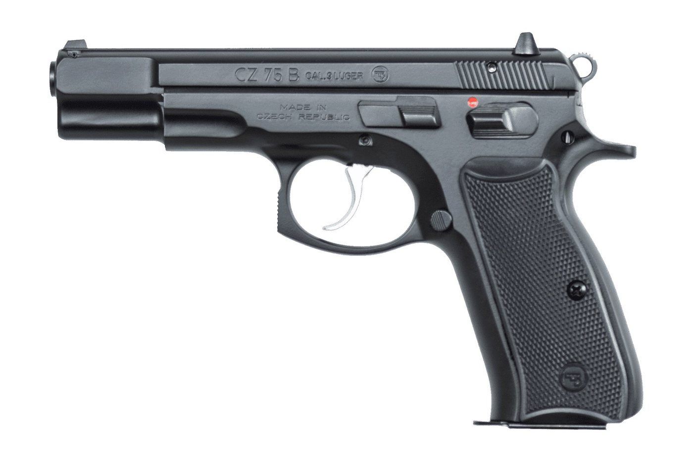 Pistolet CZ 75 B noir vu de profil gauche, avec plaquettes quadrillées et queue de détente argentée