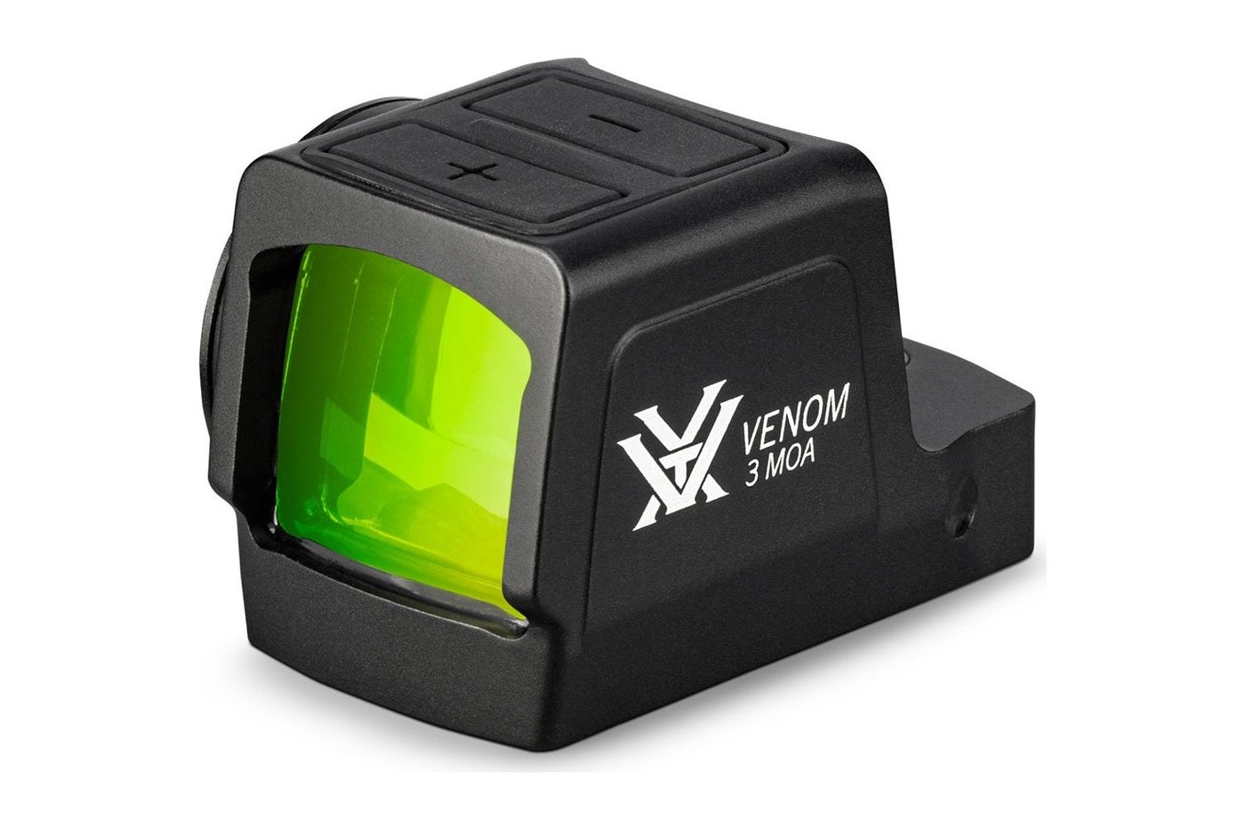 Viseur point vert Vortex Venom Enclosed 3 MOA noir vu de trois quarts, fenêtre verte et boutons sur le dessus